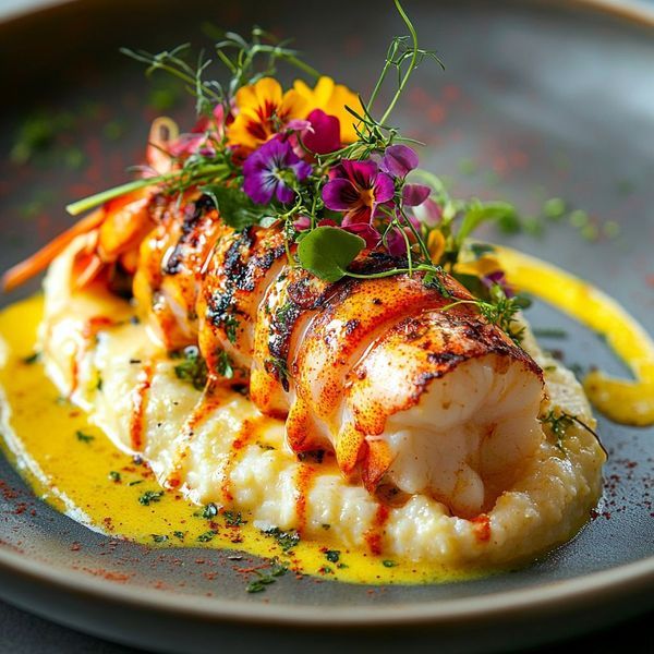 Home broiled lobster tail with saffron grits & creamy garlic sauce