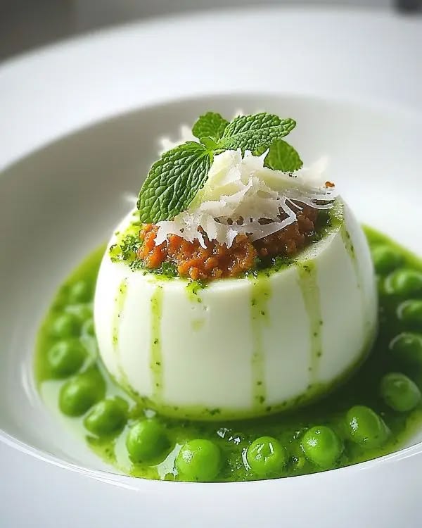 Home parmesan savory floating island, chilled minted green pea velouté