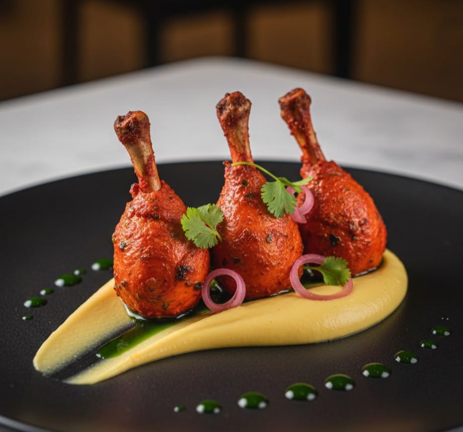 Home tandoori chicken lollipop with spiced couliflower puree and herb emultion recipes