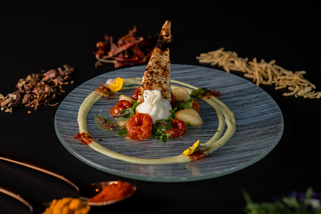 soft & fresh italian cheese, tomato confit, curry leaves pesto